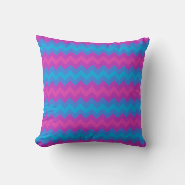 Magenta, Purple, Bright Blue Chevrons and Polkas Cushion (Front)