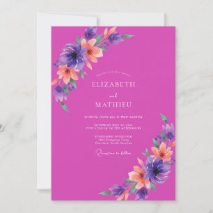 Magenta Purple Floral Watercolor Wedding Invitation