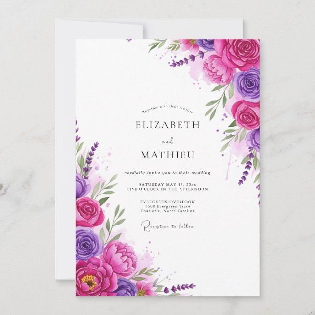 Magenta Purple Floral Whimsy Wedding Invitation (Front)