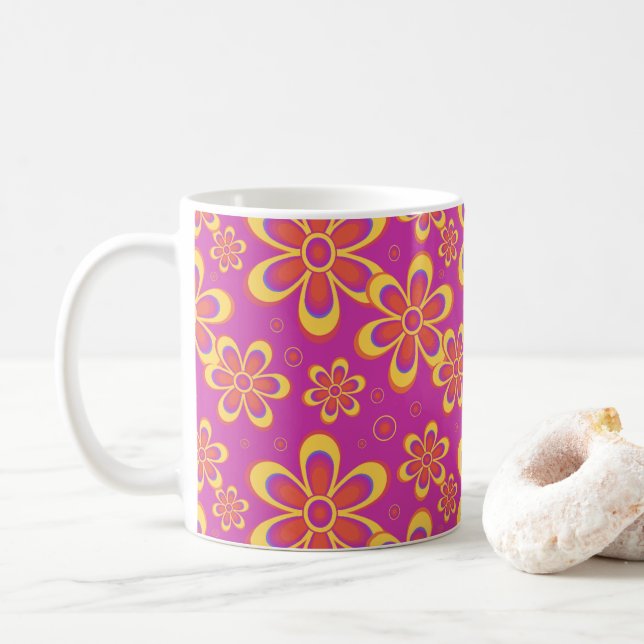 Magenta Purple Flowers Seamless Pattern Coffee Mug (With Donut)