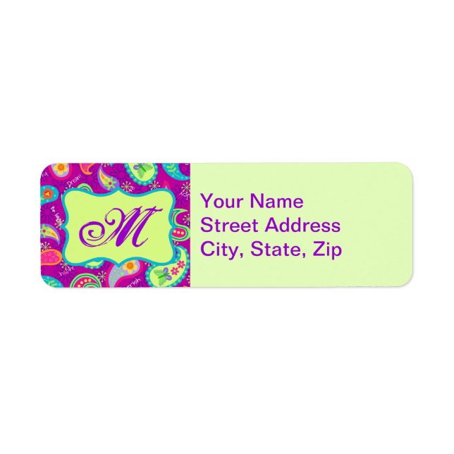 Magenta Purple Green Modern Paisley Monogram Return Address Label (Front)
