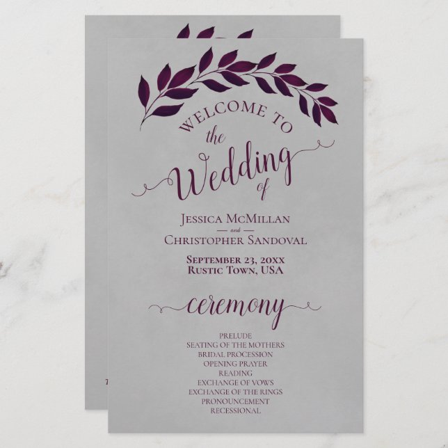 Magenta Purple Leaves Budget Wedding Program (Front/Back)
