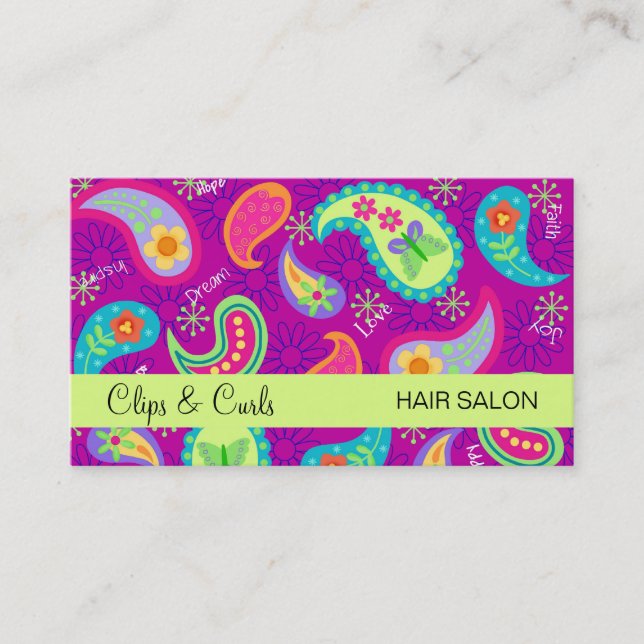 Magenta Purple Lime Green Modern Paisley Pattern Business Card (Front)