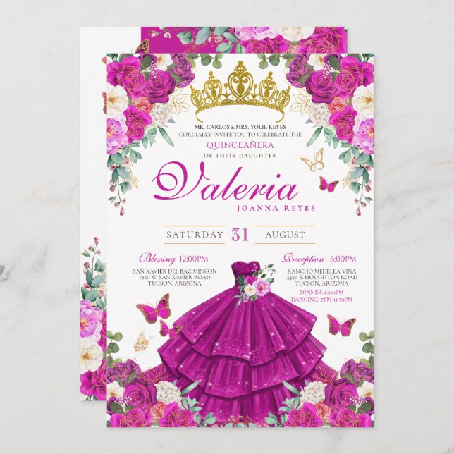 Magenta Purple Pink Butterfly Princess Quinceañera Invitation (Front/Back)
