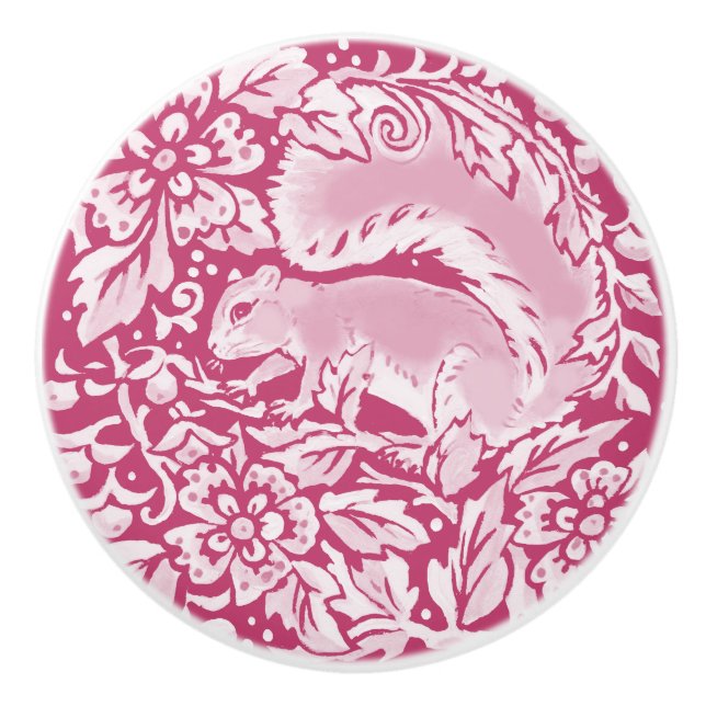 Magenta Purple Squirrel Floral Forest Woodland Ceramic Knob (Front)