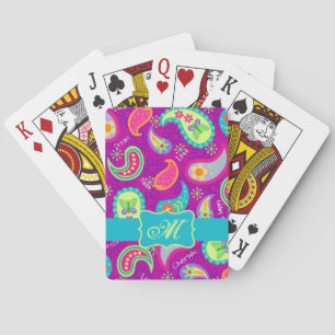Magenta Purple Turquoise Modern Paisley Monogram Playing Cards