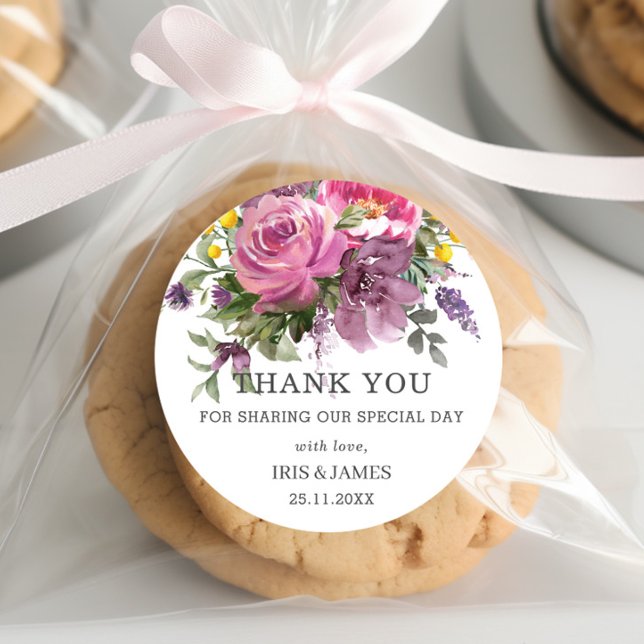 Magenta Purple Yellow Floral Boho Wedding Favour Classic Round Sticker (Creator Uploaded)