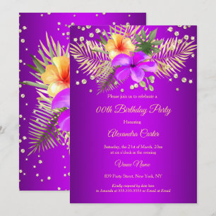 Magenta Purple Yellow gold palm floral Birthday Invitation