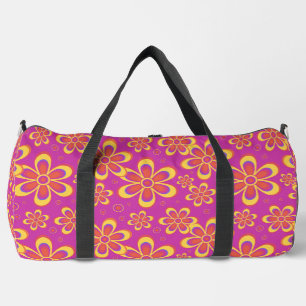 Magenta Purple Yellow Groovy Flower Pattern Duffle Bag