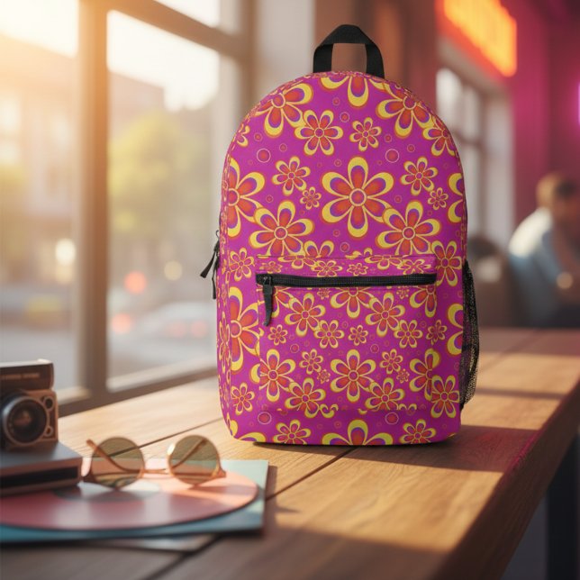 Magenta Purple Yellow Groovy Flower Pattern Printed Backpack (Creator Uploaded)