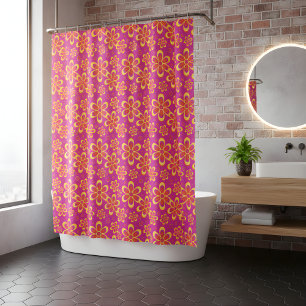 Magenta Purple Yellow Groovy Flower Pattern Shower Curtain
