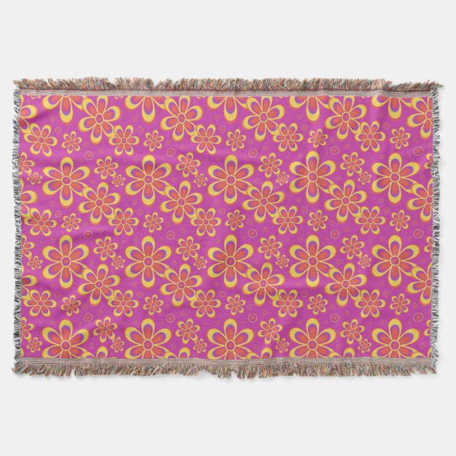 Magenta Purple Yellow Groovy Flower Pattern Throw Blanket (Front)