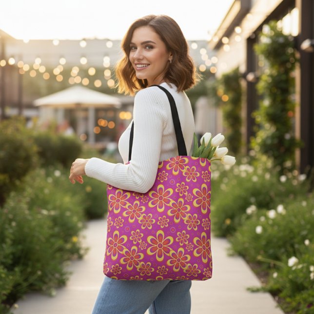 Magenta Purple Yellow Groovy Flower Pattern Tote Bag (Creator Uploaded)