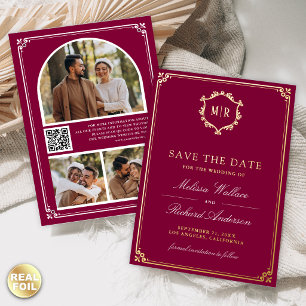Magenta QR Code Photo Wedding Save the Date Gold