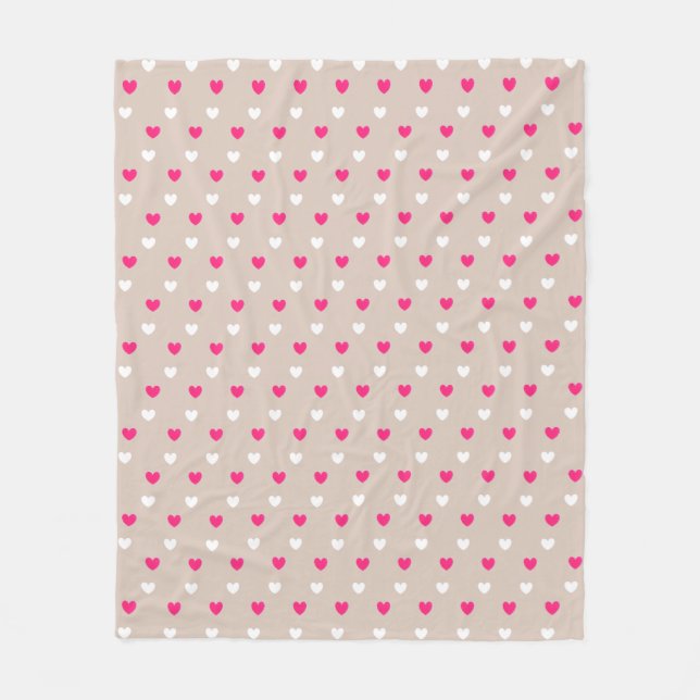 Magenta red and white hearts on beige fleece blanket (Front)