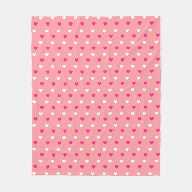 Magenta red and white hearts on coral pink fleece blanket (Front)