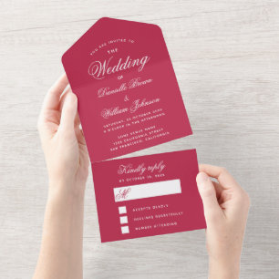 Magenta Red Wedding Simple Elegant Script RSVP All In One Invitation