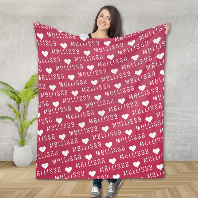 Magenta Repeating Name Monogram Heart Fleece Blanket (Creator Uploaded)