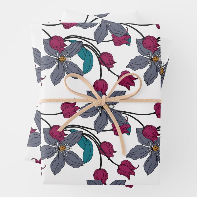 Magenta retro ethnic elegant flower pattern wrapping paper sheet (In situ)