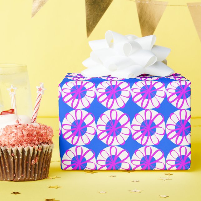 Magenta Ribbon Flowers On White Doughnuts Blue Wrapping Paper (Birthday Party)
