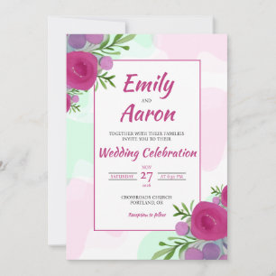 Magenta Rose Berry Mint Floral Watercolor Wedding Invitation