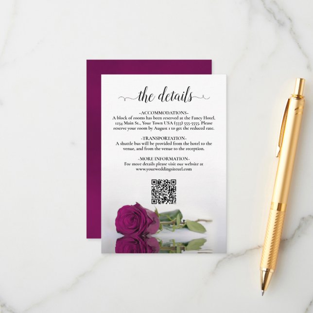 Magenta Rose Elegant Wedding Details QR Code Enclosure Card (Front/Back In Situ)