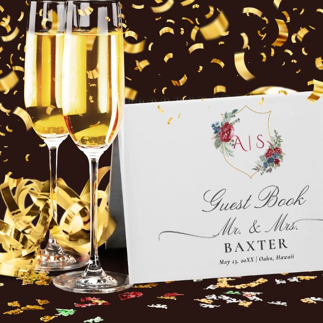 Magenta Roses Botanical Crest Wedding Monogram  Guest Book (Creator Uploaded)