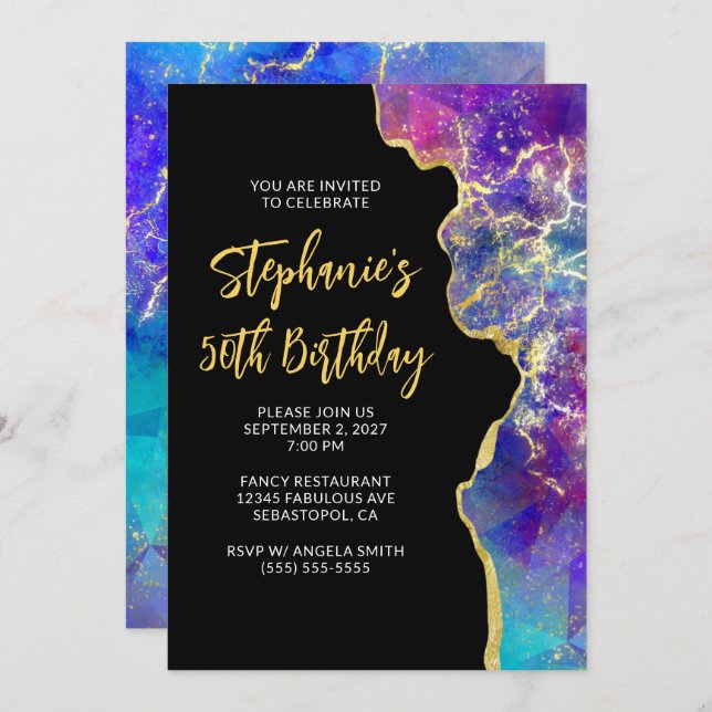 Magenta Royal Blue Fire Opal Gold 50th Birthday Invitation (Front/Back)