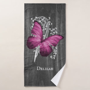 Magenta Rustic Butterfly Bath Towel Set