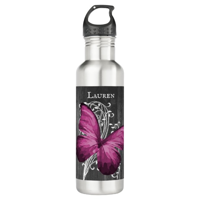 Magenta Rustic Butterfly Personalised 710 Ml Water Bottle (Front)