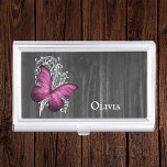 Magenta Rustic Butterfly Personalised Business Card Holder<br><div class="desc">Store your business cards with a Magenta Rustic Butterfly Personalised Business Card Holder. Business card holder design features a butterfly against a white leaf vine and dark grey wooden background with a place to personalise with your name. Additional items available with this design as well. Please contact me directly for...</div>
