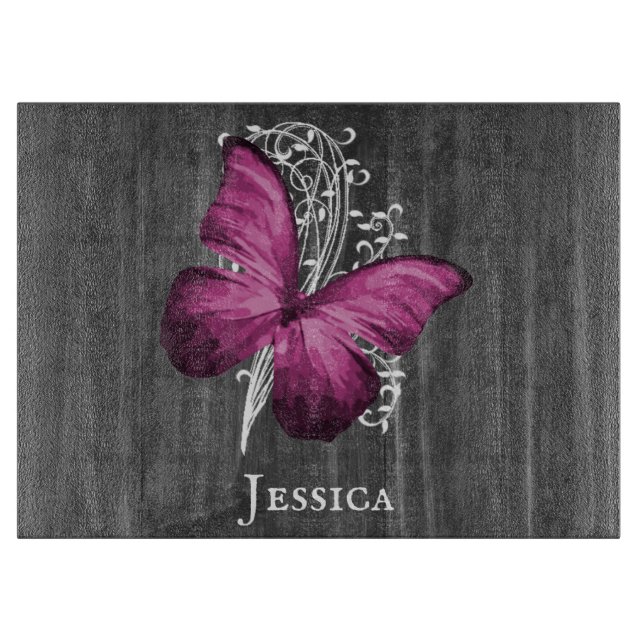Magenta Rustic Butterfly Personalised Cutting Board (Front)