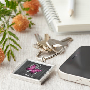 Magenta Rustic Butterfly Personalised Keychain