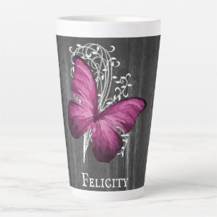 Magenta Rustic Butterfly Personalised Latte Mug