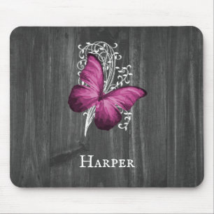 Magenta Rustic Butterfly Personalised Mouse Pad