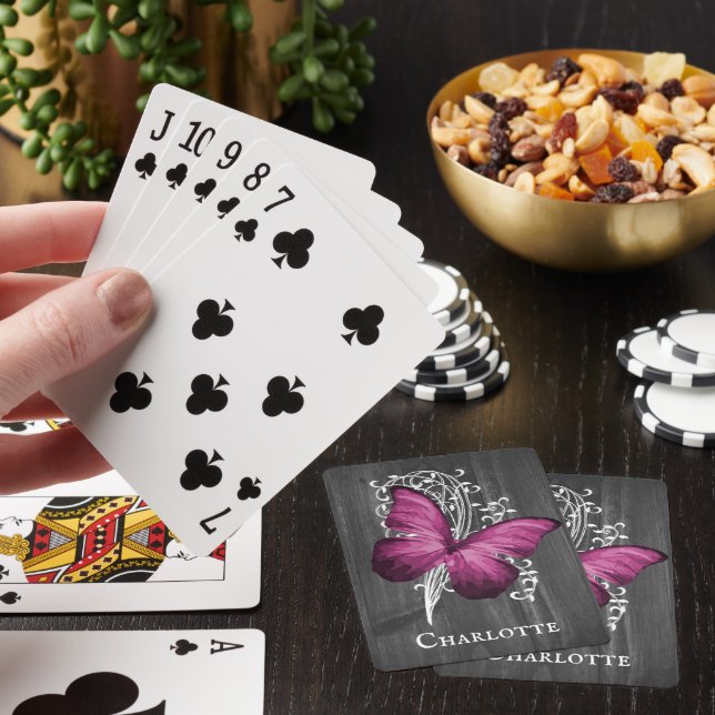 Magenta Rustic Butterfly Personalised Playing Cards (In Situ)