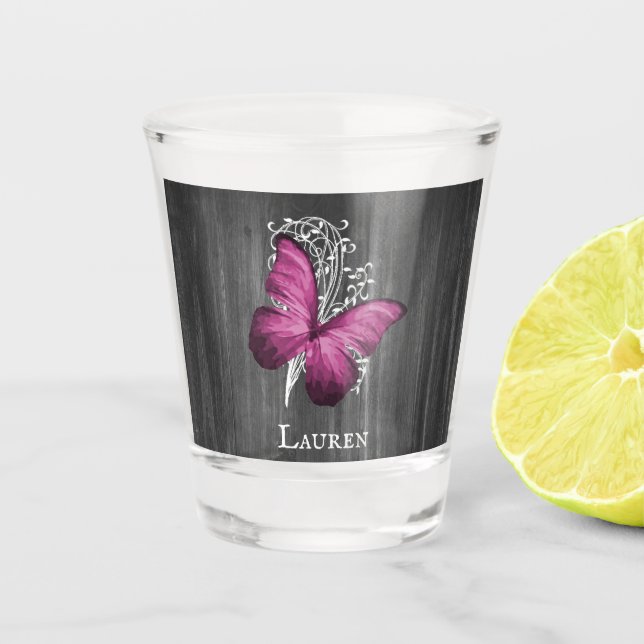 Magenta Rustic Butterfly Personalised Shot glass (Front)