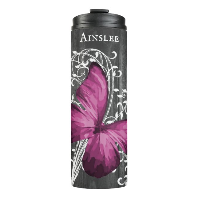 Magenta Rustic Butterfly Personalised Thermal Tumbler (Front)