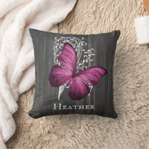 Magenta Rustic Butterfly Personalised Throw Pillow