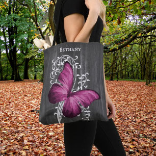 Magenta Rustic Butterfly Personalised Tote Bag