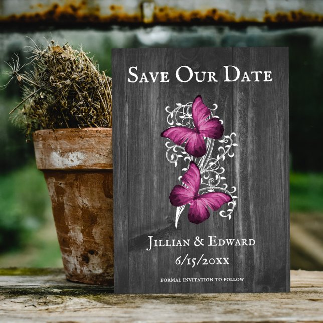 Magenta Rustic Butterfly Save The Date Announcement (Magenta Rustic Butterfly Save the Date)
