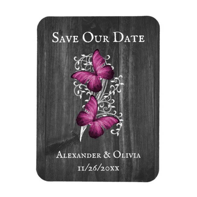 Magenta Rustic Butterfly Save The Date Magnet (Vertical)