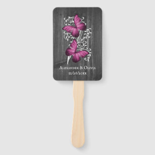Magenta Rustic Butterfly Wedding Favour Hand Fan