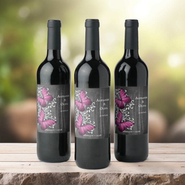 Magenta Rustic Butterfly Wedding Wine Label (Magenta Rustic Butterfly Wedding Wine Label)