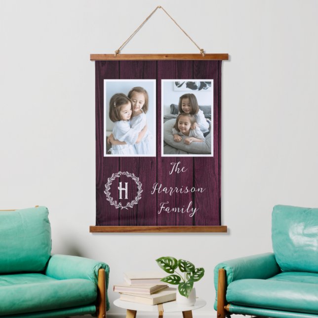 Magenta Rustic Family Monogram Photo Hanging Tapestry (Living Room)