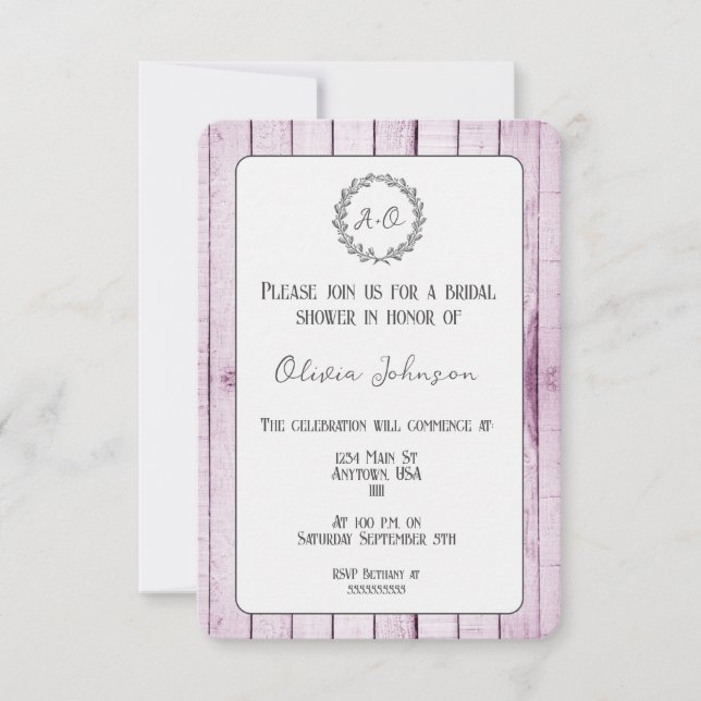 Magenta Rustic Monogram Bridal Shower Invitation (Front)