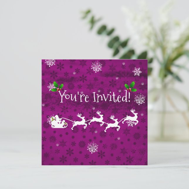 Magenta Santa's Sleigh and Reindeer Invitation (Standing Front)