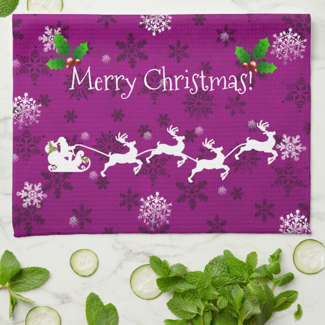 Magenta Santa's Sleigh and Reindeer Kitchen Towel (Folded)