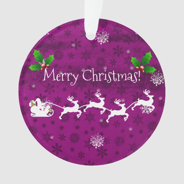 Magenta Santa's Sleigh and Reindeer Ornament (Front)