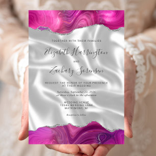 Magenta Silver Agate White Silk Wedding Invitation
